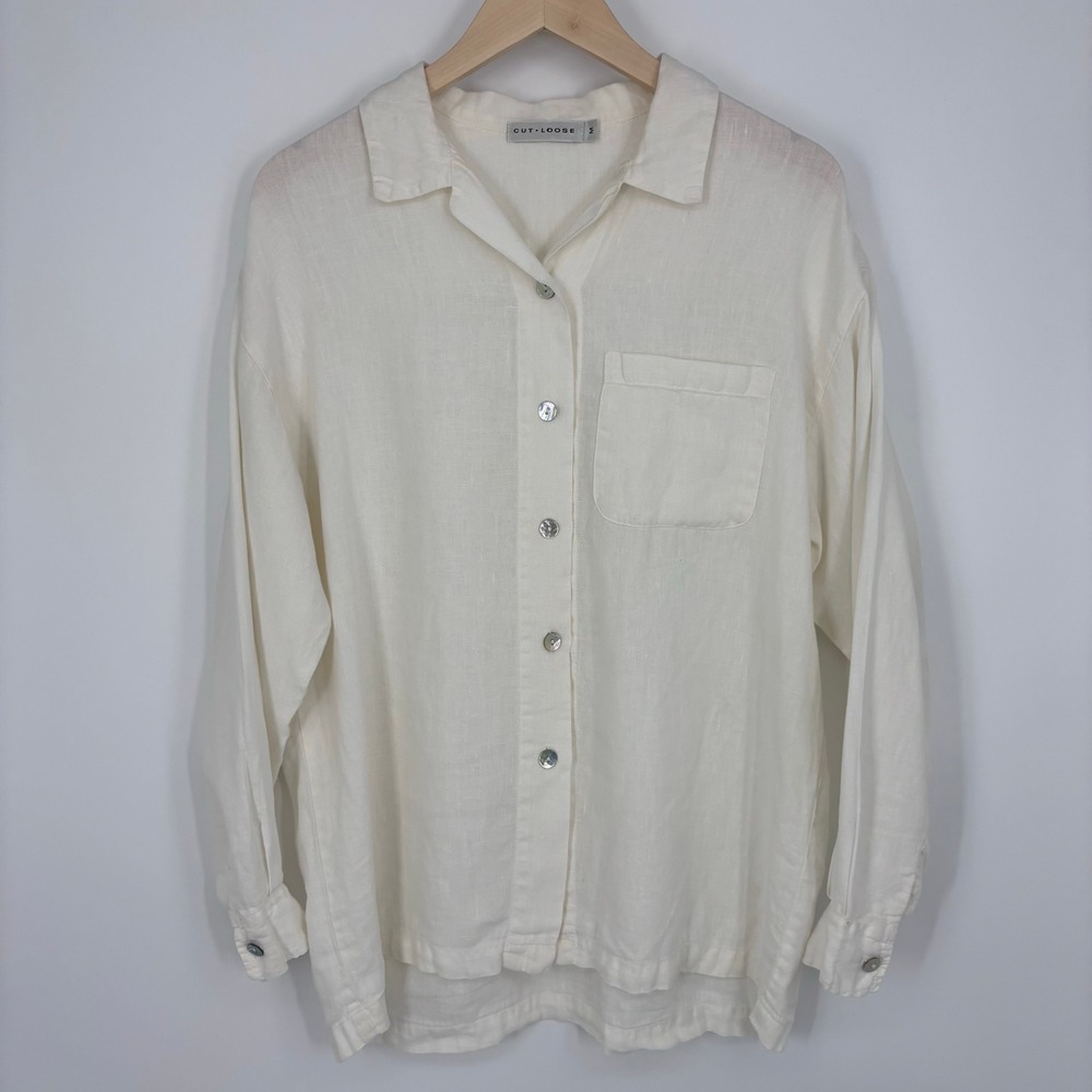 Cut Loose Linen Button Down Long Sleeve Pocket Shirt Women Medium Cream Relaxed
